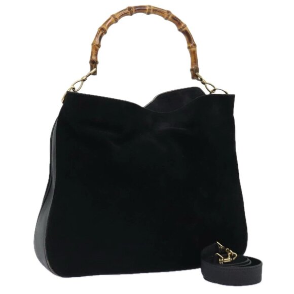GUCCI Bamboo Hand Bag Suede 2way Black Gold 001 123 1577 Auth 93210 - Picture 1 of 14